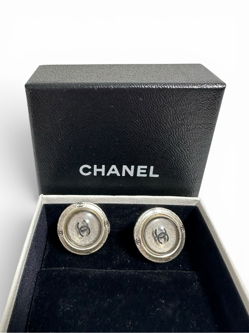 Chanel Silver Button & Black CC 99P Clip On Earrings with Box